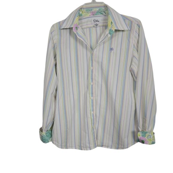 Lilly Pulitzer Multicolor Stripe Floral Flip Cuff button Up  Preppy Blouse 10 - Picture 1 of 14